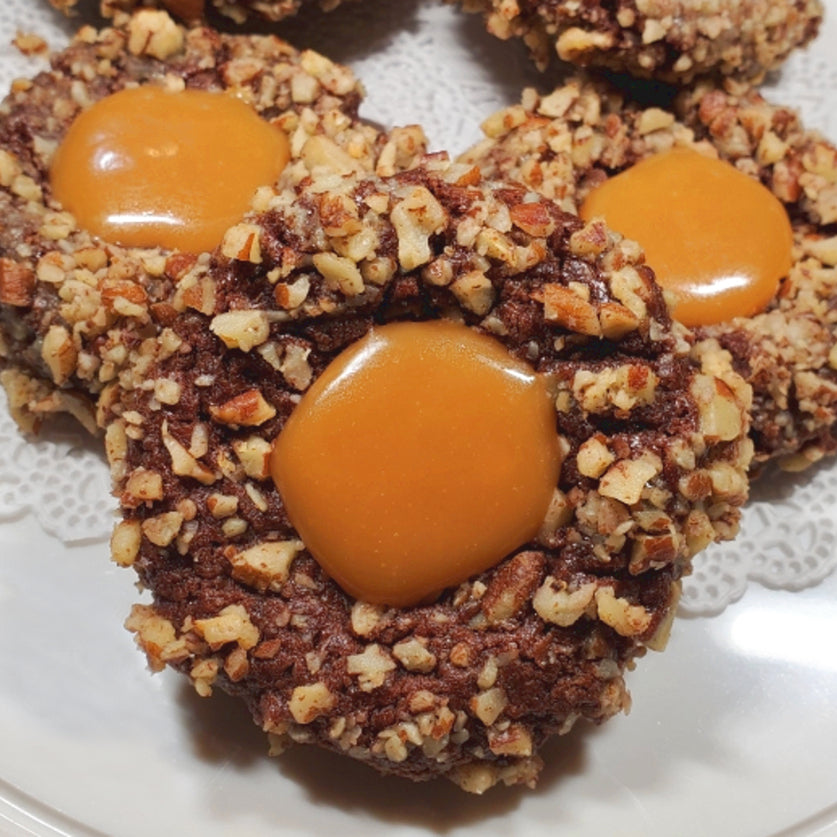 Chocolate Pecan Caramel Thumbprint Cookies
